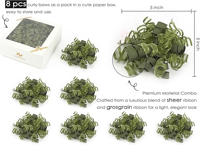 HUIHUANG Green Bows for Gift Wrapping Christmas Gift Bow 5 inch x 8 Counts Moss Green Self-Adhesive Curly Ribbon Bows for Presents, Paper Bag, Party Favors, Wrapping Accessories