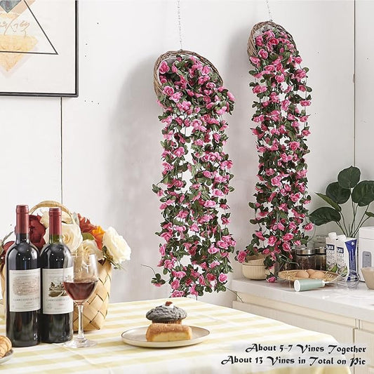 6 Pcs x 8.2 ft Flower Garland Artificial Rose Vine Flowers with Green Leaves Hanging Fake Roses Vine for Room Party Home Wedding Birthday Christmas Wall Arch Decor, Spring Magenta Flower