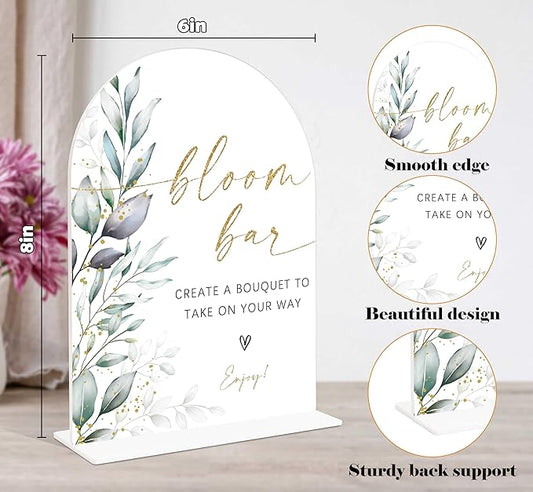 Acrylic Wedding Signs, Greenery Theme Bloom Bar Sign, Wedding Reception Signage, Bridal Shower Table Decor with Stand, Bloom Bar Supplies for Engagement, Anniversary, Newlywed Events and Parties, 01
