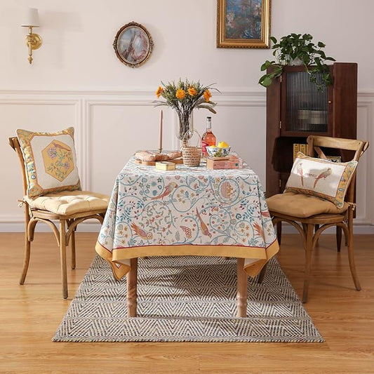 patdrea Designer Vintage French Tablecloth for Rectangle Table,Floral Birds Pattern Linen Table Cloth,Yellow Decor Cover for Kitchen Dining Banquet,Christmas,Thanksgiving,63"x110"-Magnolia