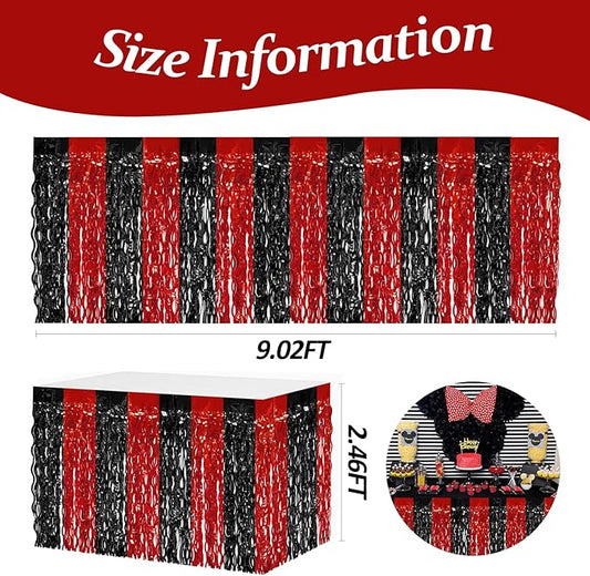 4P Wavy Metallic Tinsel Foil Fringe Table Skirts for Rectangle Tables Backdrop Garland Curtains for Parade Floats Wedding Birthday Parties Decoration Graduation 2025 Christmas (Black Red)