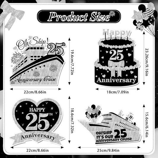 4 PCS Large 25th Anniversary Cruise Door Magnets Decorations Happy 25th Anniversary Cruise Ship Door Decor Magnetic Wedding Magnets Garage Refrigerator Car Magnets for Cabin Stateroom (Black Silver)