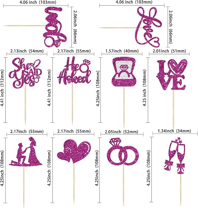 Ephlyn 30Pcs He Asked She Said Yes Cupcake Toppers Glitter Engagement Cupcake Toppers Diamond Ring Heart Love I Do Cupcake Picks for Engagement Wedding Party Cake Decorations Purple