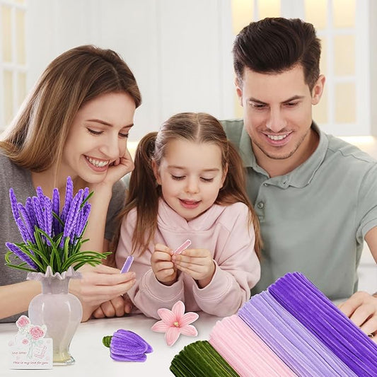 400 Pcs Chenille Stems Flowers Craft Kit,4 Colors Soft Pipe Cleaners Bulk for DIY Floral Arrangements with Floral Wires, Gardening Tape,Hot Glue Stick,Greeting Card,Bouquet Paper, Stamen & Ribbon