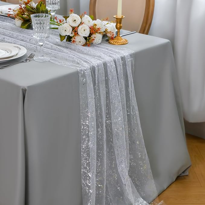 Snowkingdom 3 Pcs 10 FT Silver Cheesecloth Table Runner, 120 Inch Sheer Chiffon Gauze Runner, Sequin Glitter Silver Table Decoration Centerpieces for Wedding Birthday Christmas Bridal Baby Shower