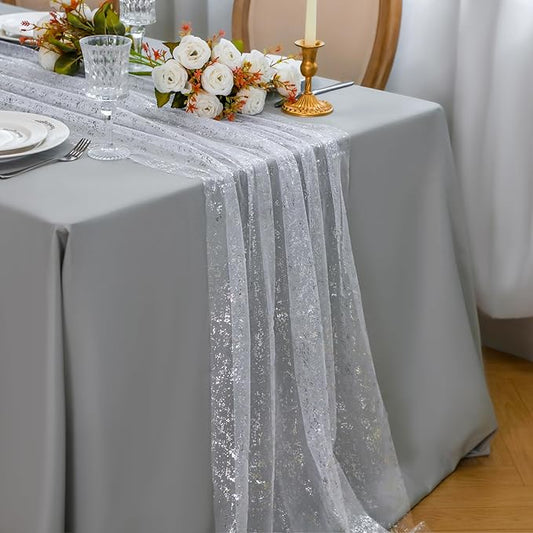 Snowkingdom 10 FT White Silver Cheesecloth Table Runner, Sequin Metallic Foil Sheer Chiffon Gauze, Glitter Silver Party Table Decoration Centerpieces for Wedding Birthday Bridal Baby Shower Christmas
