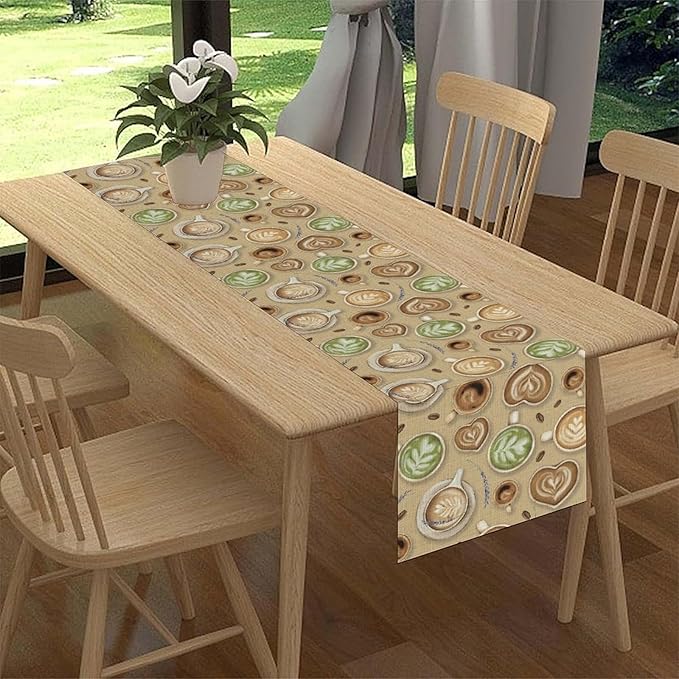 Coffee Theme Table Runner, Farmhouse Retro Brown Coffee Cup Tea Party Rustic Cafe Table Center Decor for Home Kitchen Dining Patio Holiday Party Indoor Outdoor Table Decorations,13"x108" Inch