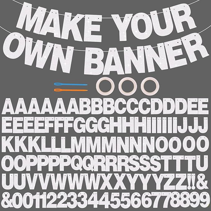 BEISHIDA 116 PCS Glitter Color White DIY Letter Banner Kit Make Your Own Banner，Including 111 Letters and Numbers 3 Rope and 3 Threading Device,Customized for Birthday Graduation Wedding Party Decor