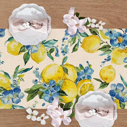 Lemon Blue Flower Dining Table Runner, Spring Summer Fruit Floral Burlap Kitchen Decoration, Seasonal Indoor Outdoor Home Decor Party Supply 13 x 72 Inches