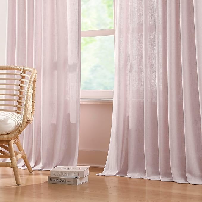 Vision Home Soft Pink Pinch Pleated Semi Sheer Curtains Textured Linen Blended Light Filtering Window Curtains 90 inch for Living Room Bedroom Pinch Pleat Drapes with Hooks 2 Panels 40" Wx90 L