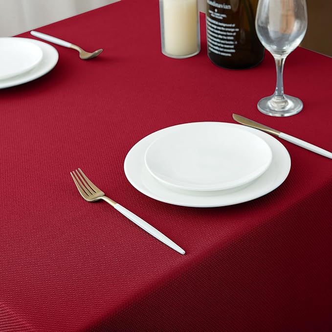 Biscaynebay Textured Fabric Christmas Tablecloths 70x108 Inches Rectangular, Red Water Resistant Table Cloths for Dining, Kitchen, Wedding and Parties, Machine Washable