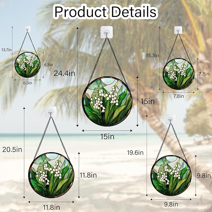 Stained Glass Window Hanging - White Green Lily of The Valley Suncatcher for Doors Garden Terrace Plant Sun Catchers Decor Mother's Day Birthday Flowers Gifts for Women Men Mom 9.8 in