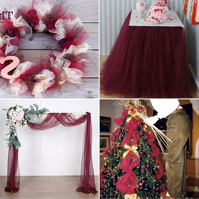 Burgundy Tulle Fabric Rolls 54 Inch by 40 Yards Tulle Bolt Spool for Wedding Decorations DIY Tutu Baby Shower Table Skirt Ceiling Decor Birthday Party Craft Supplies