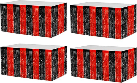 4 Pack 29x108 Inch Metallic Foil Fringe Tinsel Table Skirts for Rectangle Tables Streamer Backdrop for Wedding, Birthday, Parade Floats, Christmas, Halloween Party Decoration(Black Red)
