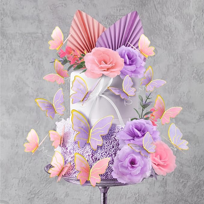 Shimeyao 52 Pcs Wedding Birthday Gold Cake Decoration Boho Cake Topper Pink Purple Flower Butterfly Palm Leaves Balls Toppers for Women Baby Shower Party Decoration(Candy Color)