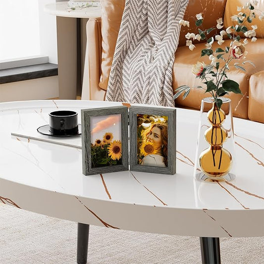decorUhome Double 4x6 Picture Frame Vertical, Engineered Wood Bifold Photo Frame with Plexiglass for Tabletop Display, 4x6, Grey