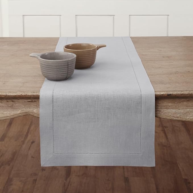 Solino Home Linen Soft Grey Table Runner 36 Inches - Classic Hemstitch, 100% Pure Linen Coffee Table Runner 14 x 36 Inch Ideal for Dresser Tables - Fall, Autumn, Halloween, Thanksgiving, Christmas