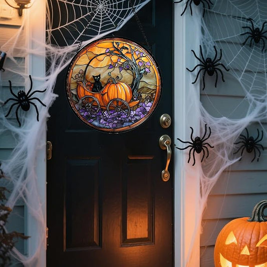 Stained Glass Window Hanging - Halloween Pumpkin Carriage Black Cat Suncatcher for Doors Window Garden Spooky Sun Catchers Gothic Decor Horror Gifts for Women Men Friend Boy Girl 9.8 in