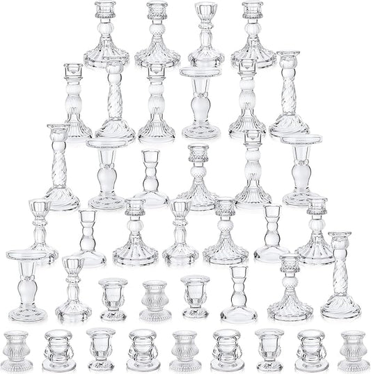 Mumufy 40 Pcs Glass Crystal Taper Candle Holders Clear Glass Candlestick Holder Fit 0.8 Inch Candles Crystal Decorative Candle Stand Centerpiece Table Wedding Dining Party (Classic,Clear)