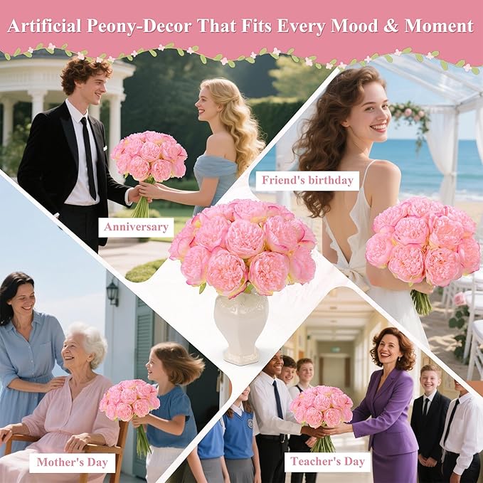 U'Artlines 2 Bouquet 10 Heads Artificial Peony Silk Flower Leaf Home Office Wedding Party Festival Bar Decor (Pink)