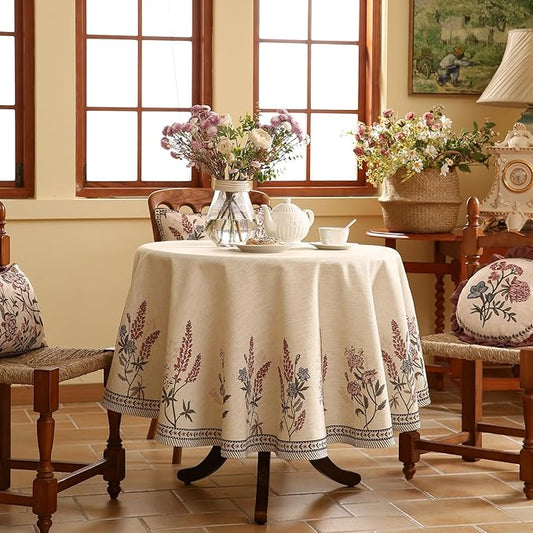 ISAENNE French Tablecloth for Round Tables,Linen Table Cloth with Colorful Flowers Pattern,Heavy Durable Table Cover for Dining Thanksgiving Kitchen Decor Party Christmas,Diameter 55"