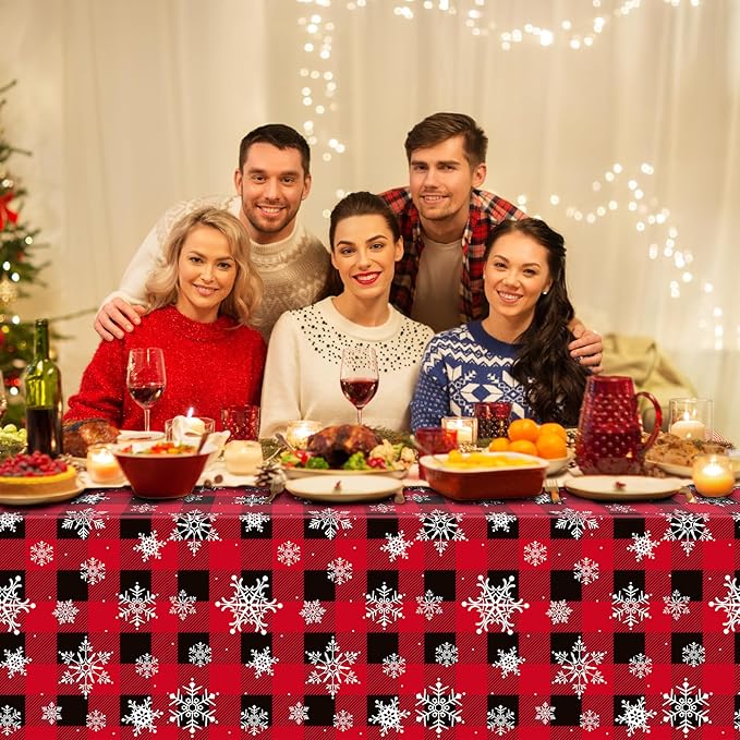 12 Pieces Red and Black Buffalo Plaid Merry Christmas Party Tablecloth Decorations,Plastic White Snowflake Buffalo Plaid Sign Table Cover for Winter Christmas Holiday Party Supplies,54x108 inch