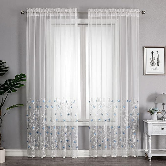 VISIONTEX White Sheer Voile Curtains, Decorative White Embossed Butterflies Rod Pocket Window Drapes for Home Kitchen, Living Room and Bedroom 54 x 95 Inch, Set of 2 Curtain Panels
