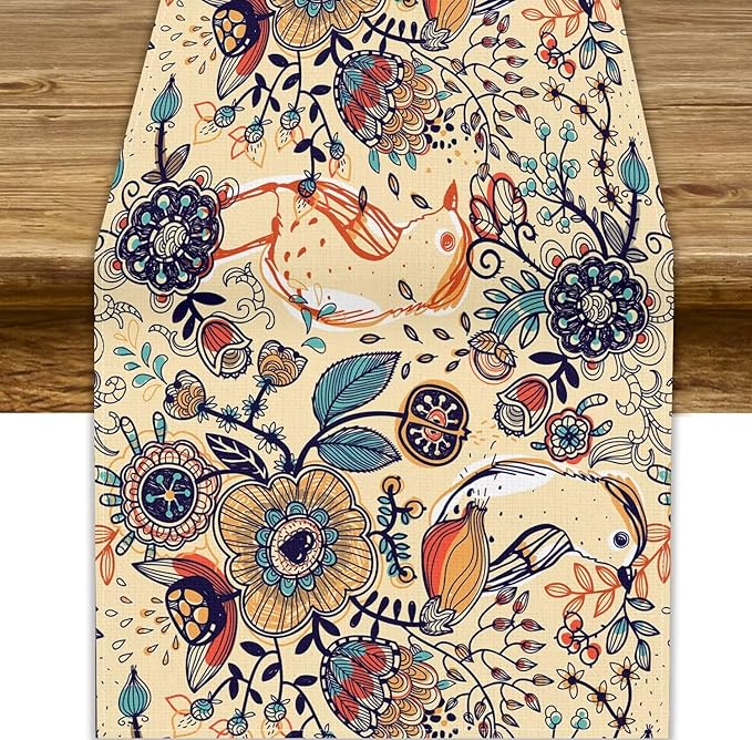 Vintage Paisley Table Runner, Boho Beige Paisley Flower Leaves Print Table Runner for Home Party Patio Indoor Outdoor, 13x60inch