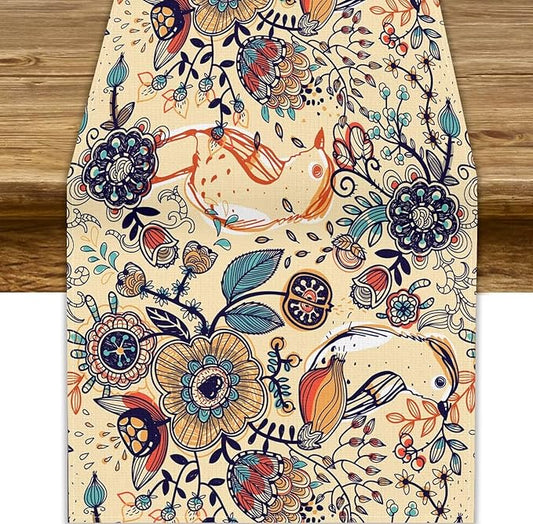 Vintage Paisley Table Runner, Boho Beige Paisley Flower Leaves Print Table Runner for Home Party Patio Indoor Outdoor, 13x70inch