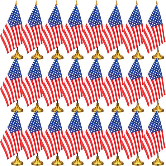 24 Pcs American Desk Flag Set Small USA Flags for Table with 13" Black Pole, Gold Base and Spear Top, American Flag for Home Office Party Festival Celebrations Decor