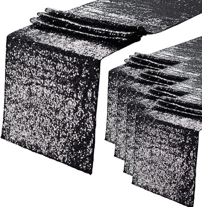Eternal Beauty Black Table Runner for Wedding, 5PCS-12x108 Sequin Table Runner Decorations for Birthday Parties, Banquets, Graduations,Christmas