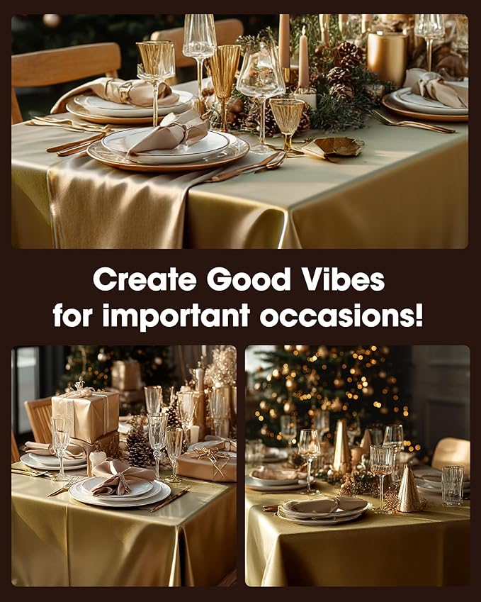 Pureegg Plastic Table Cloth Disposable 10 Pack, 54 x 108 Inch Table Cloths, Graduation Decorations, Thanksgiving, Christmas Tablecloths, Rectangle, Plastic Cover, Leakproof & Sturdy, Gold
