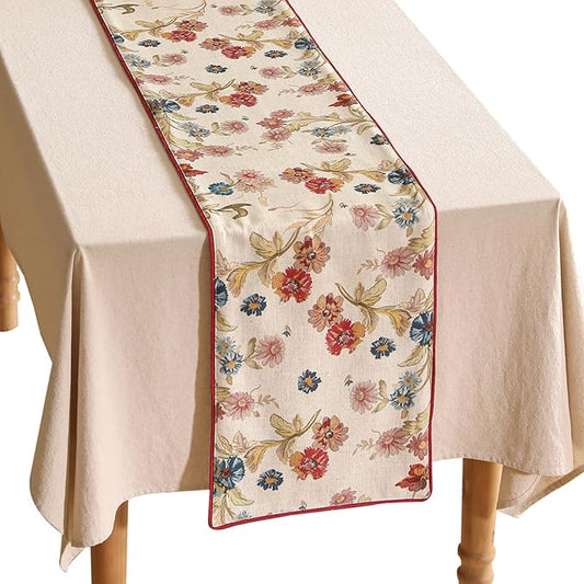 patdrea Designer Farmhouse Linen Extra Long Table Runner, Rustic Cottage Beige with Floral Pattern Fabric Table Mat, Decoration for Kitchen Dining Coffee Table Banquet Christmas , 12"*118"