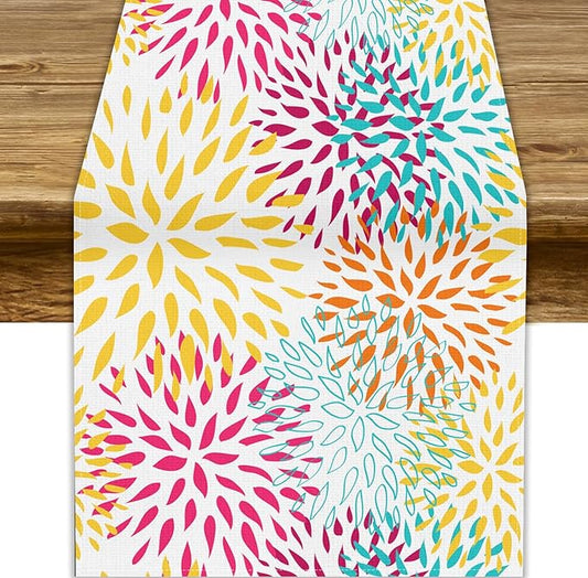 Abstract Flowers Table Runner, Chrysanthemum Dahlia Vintage Modern Colorful Spring Summer Elegant Table Runner for Party Kitchen Dining Living Room Laundry Room Decor, 13x90 Inch