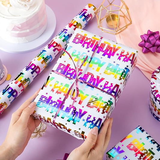 Yarcony Birthday Wrapping Paper Roll, Mini Roll Gift Wrapping Paper, Colorful Foil Girl Happy Birthday Gift Wrap Rainbow Present Paper for Boys Girls, Holiday,Party,Baby Shower(17 Inch X 16.5 Feet)