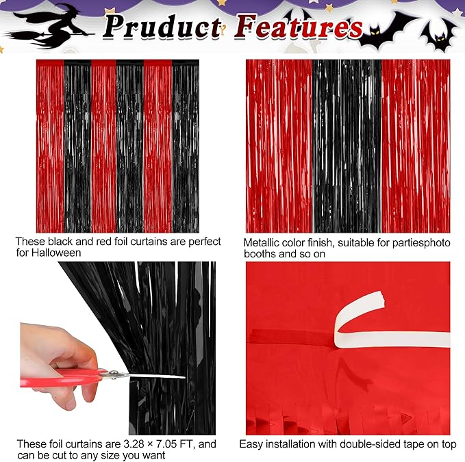 4 Pack Halloween Wall Backdrop, 3.28 FT x 7.05 FT Red and Black Party Streamer, Metallic Tinsel Curtains Fringe Backdrop Foil Streamer, Halloween Hanging Decor Casino Theme Party Decorations