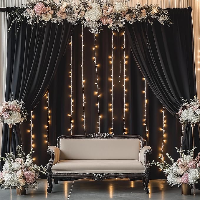 10ftx12ft Wrinkle Free Black Backdrop Curtain, 2 Panels 12FT Height Black Wedding Backdrop Drapes, Silky Polyester Back Drop Cloth for Birthday Photography Background Party Backdrop Draping