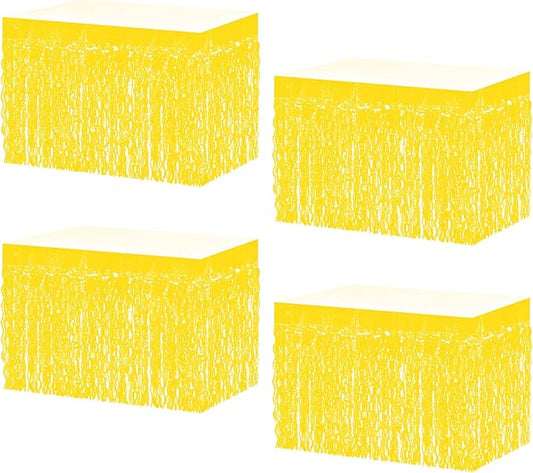 4P Wavy Metallic Tinsel Foil Fringe Table Skirts for Rectangle Tables Backdrop Garland Curtains for Parade Floats Wedding Birthday Parties Decoration Graduation 2025 Christmas (Makaron Yellow)