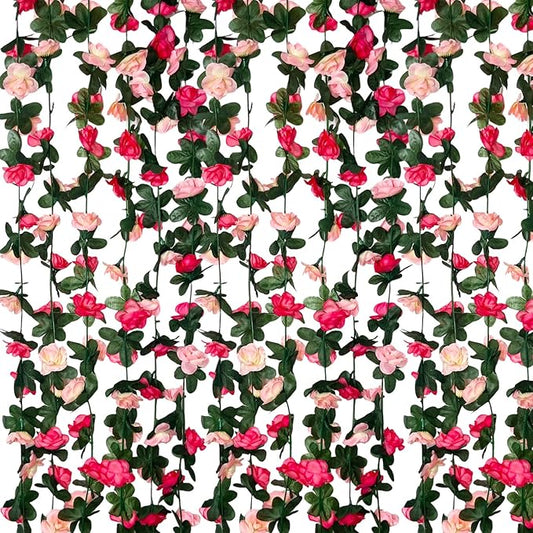 8Pcs 63Ft Pink Rose Garland, Fake Rose Hanging Flowers, Artificial Flower Vine, Hanging Floral Vine Garland for Wedding, Birthday Party, Wall Arch, Halloween, Christmas Garden Backdrop Decor