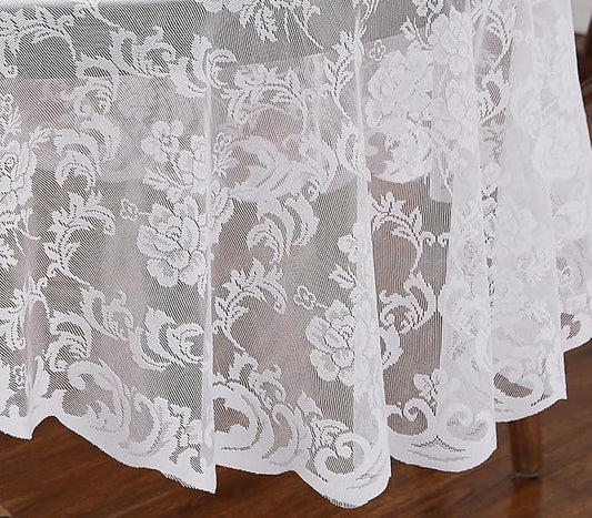 LinenZone White Oval Tablecloth for Rustic Vintage Decor. Sheer Lace Tablecloth Works Great As Wedding Tablecloth, Thanksgiving Tablecloth or Christmas Tablecloth (Mia Oval 104, White)