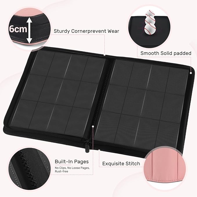 12 Pocket Card Binder, Zipper Trading Card Binder, 720 Large Capacity Side Loading Non-Ring Card Album, Double Sided Acid-Free Card Protector Binder, Card Collection for TCG, MTG, Sport Card, Pink