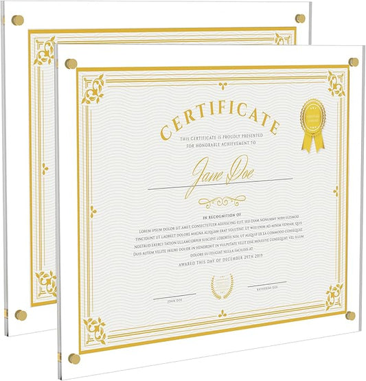 Acrylic Picture Frame for Wall, Clear Diploma Frame, No Drill Floating Frameless Photo Frame for Diploma Certificate Degree Document & Artworks Display, Graduation Gift for Students (2 Pack, 11X14 Straight edge)