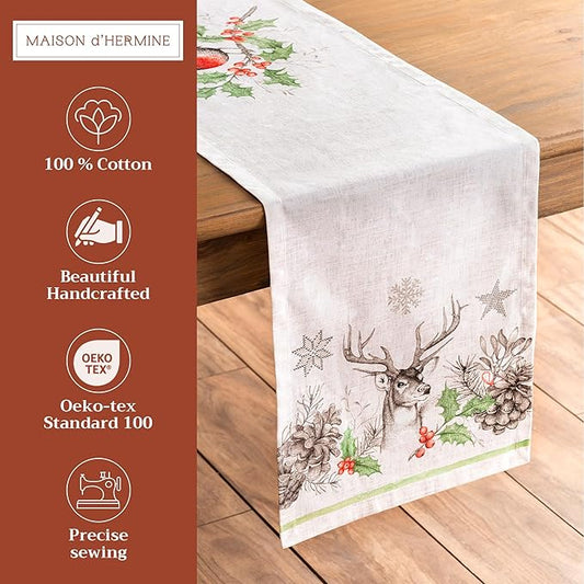Maison d' Hermine Table Runner 100% Cotton Single Layer Table Runners 72 inches Long for Thanksgiving Christmas Decorations Home Kitchen Dining Party Wedding (Christmas Dew, 14.5" x 72")