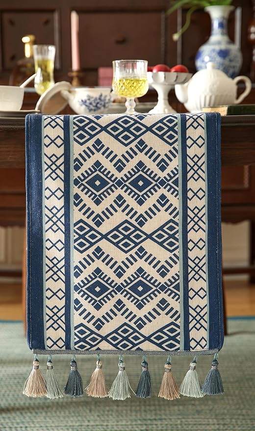 Chinoiserie Small Blue Stripe Cloth Runner for Table,Decorative Linen 63 Inches Long Table Runners,Decor Tabletop for Kitchen,Dining,Party,Home,Christmas,12"*63"