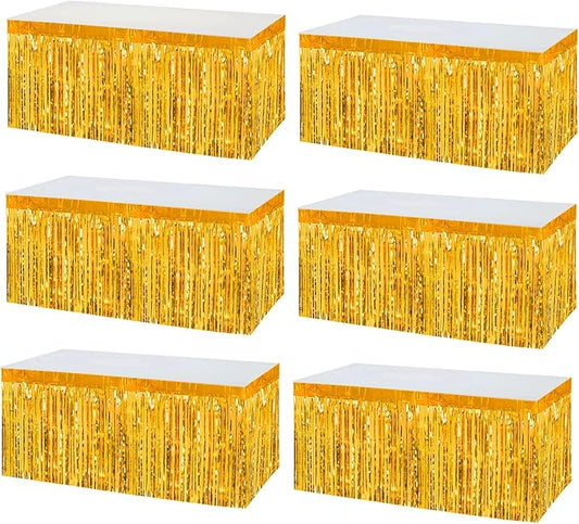 6 Pack 29x108 Inch Metallic Foil Fringe Tinsel Table Skirts Banner for Rectangle Tables Streamer Garland Curtains Backdrop for Wedding, Birthday, Parade Floats, Christmas Party Decoration(New Gold)