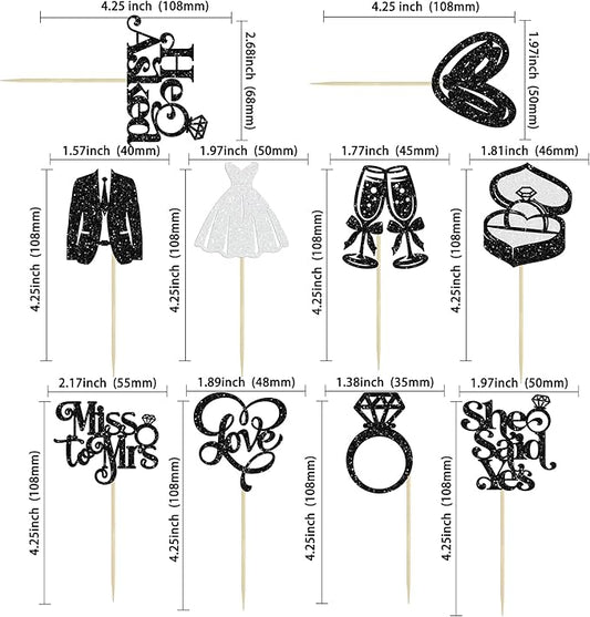 Gyufise 30Pcs She Said Yes Cupcake Toppers Glitter Diamond Ring I Do Love Cupcake Picks Miss to Mrs He Asked Bridal Shower Wedding Engagement Bachelorette Cake Decoration Black