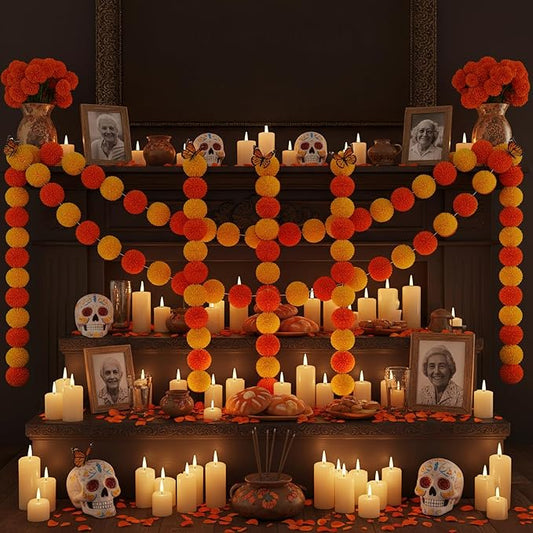 Marigold Garland for Decoration 5 Packs × 5ft Artificial Marigold Garlands Vibrant Orange Yellow Faux Flowers Includes 10 Butterfly Accents for Diwali Pooja Wedding Indian Decor