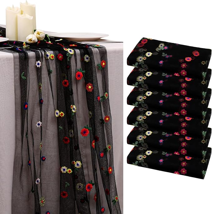BINBE 6pcs Black Daisy Fall Table Runner Embroidery Gauze 10FT Florals Seasonal Tulle Holiday Birthday Kitchen Dining Table Decor for Home Party