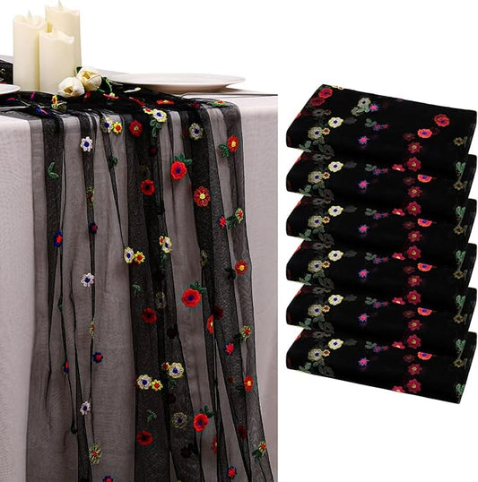 BINBE 6pcs Black Daisy Fall Table Runner Embroidery Gauze 10FT Florals Seasonal Tulle Holiday Birthday Kitchen Dining Table Decor for Home Party