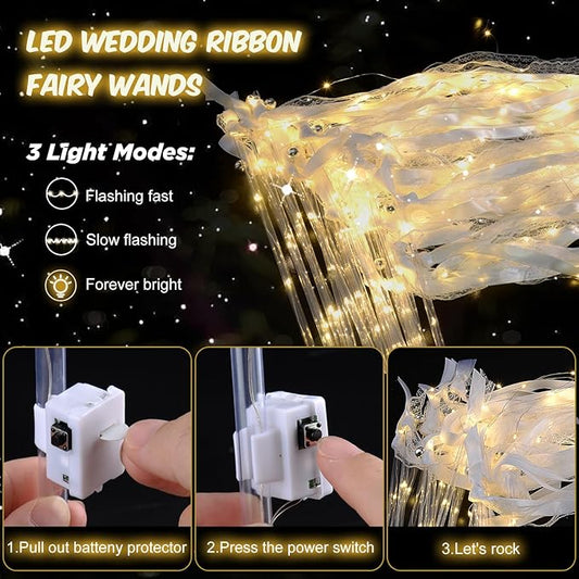 28PCS Light up Wands for wedding, Wedding Wands Streamers with 3 Colorful Flashing Modes, Fairy Wands, LED Silk Fairy Wand with Bells for Wedding, New Year, Thanksgiving, Concert